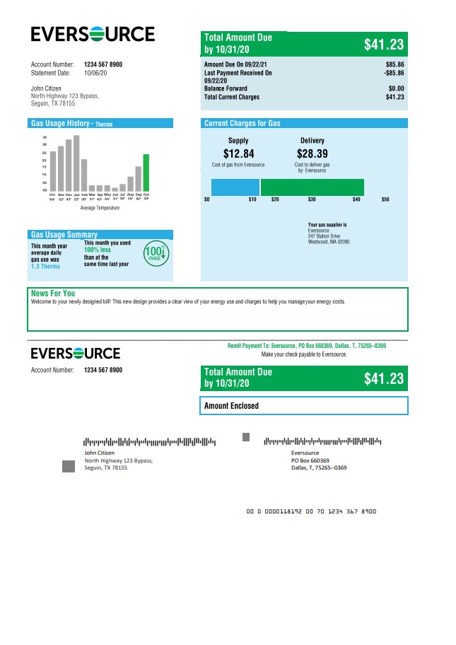 USA Eversource gas utility bill template in Word and PDF format, good for address prove